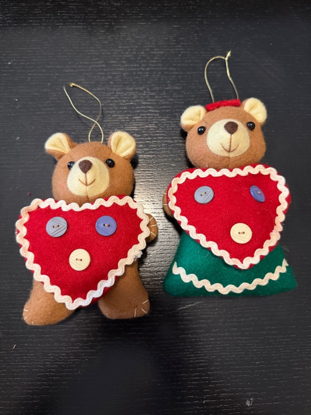 Felt Bear Heart Ornaments - Red & Green